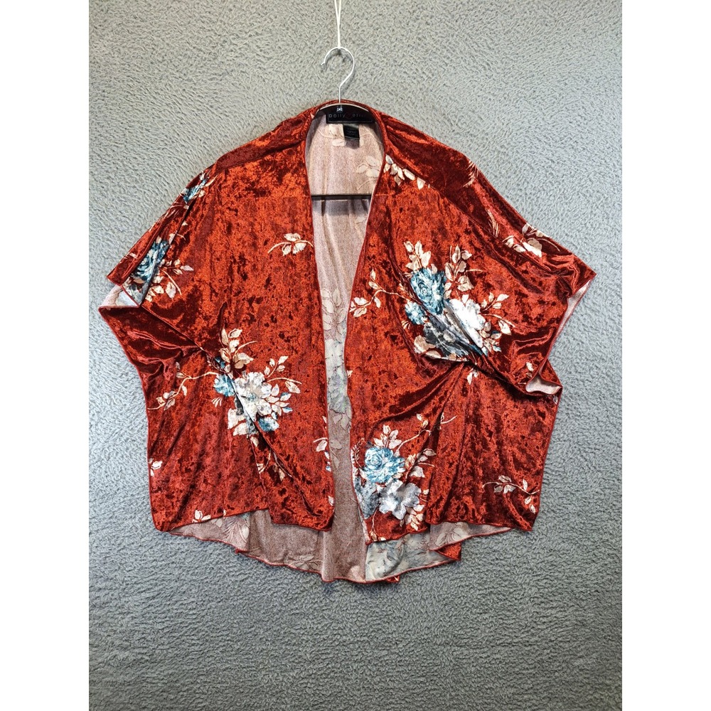 Polly & Esther Kimono Women L Rust Orange Crushed Velvet Floral Boho Cardigan